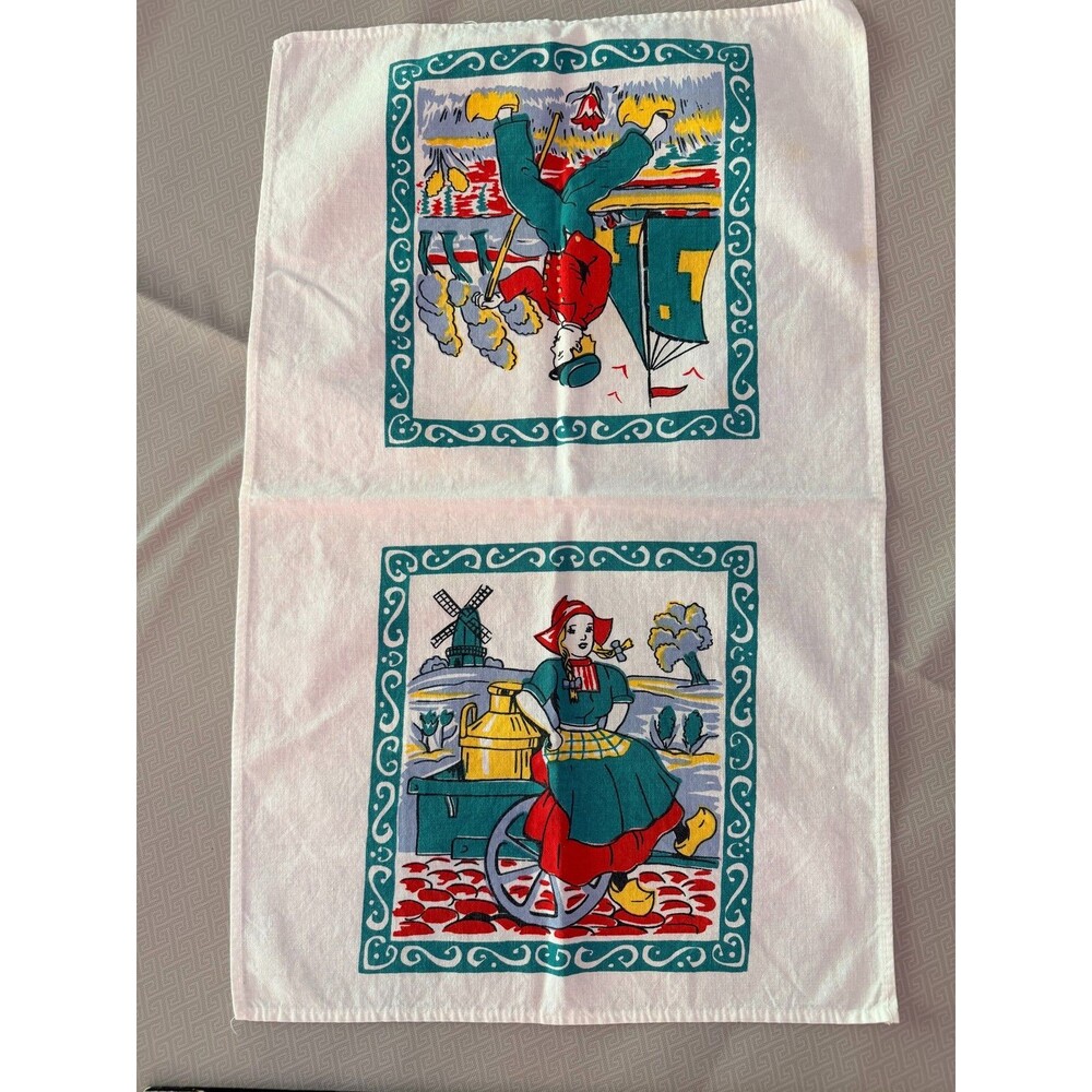 Vintage Dutch Boy Girl Windmill Tulips Kitchen Tea Towel Bright Colors 25 x 15"